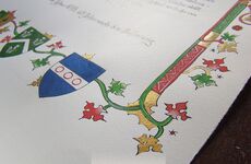Detailansicht Ritterbrief für Larp - Ornamente und Wappen - Aquarell und Tusche auf Büttenpapier - A3 - Larp Urkunde von der Larpzeichnerin erstellen lassen