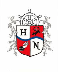 Vollwappen in rot, schwarz, blau - Steuerrad als Helmzier - Wasserratte und Nautilus im Wappen  - A4 - Buntstift und Marker - Wappen erstellen lassen