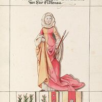 Charakterportrait im Stil des sächsischen Stammbuches - mittelalterlich gekleidete Dame in gelb und rosa, drei Wappen unter ihr - Aquarell auf Büttenpapier - A4 - Larp Charakter zeichnen lassen