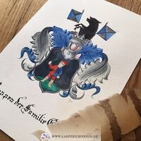 Vollwappen  - schwarzer Stier als Helmzier - Figur im Wappenschild - A4 - Aquarell und Tusche auf Büttenpapier - Wappen erstellen lassen