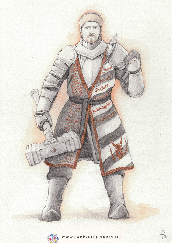Ritter in Rüstung mit Kriegshammer -  Auftragsarbeit Charakterportrait -   Aquarellstift auf Büttenpapier - A4 - Larp Charakter zeichnen lassen