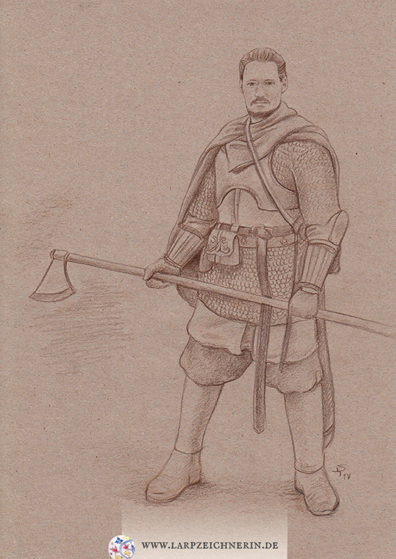 Krieger in Rüstung mit Kriegsaxt -  Auftragsarbeit Charakterportrait -   Buntstift auf getöntem Papier - A4 - Larp Charakter zeichnen lassen