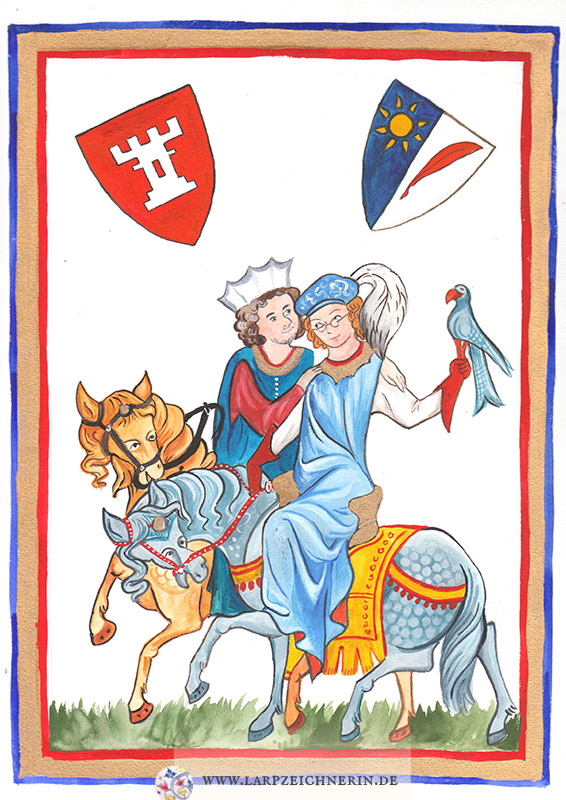 Charakterportrait im Manesse-Stil - Paar auf Pferden, Sie hält einen Falken - Aquarell auf Büttenpapier - A4 - Larp Charakter zeichnen lassen