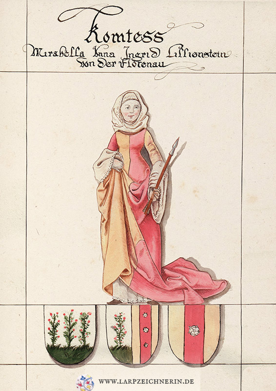 Charakterportrait im Stil des sächsischen Stammbuches - mittelalterlich gekleidete Dame in gelb und rosa, drei Wappen unter ihr - Aquarell auf Büttenpapier - A4 - Larp Charakter zeichnen lassen