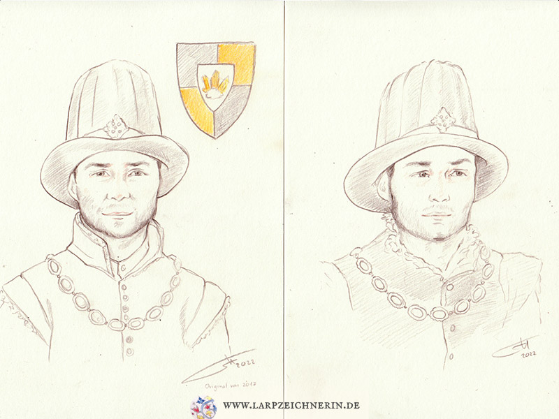 Portraits eines mittelalterlich gekleideten Mannes mit sehr hohem Hut -  Auftragsarbeit Charakterportrait -  Buntstift auf Papier - A5 - Larp Charakter zeichnen lassen