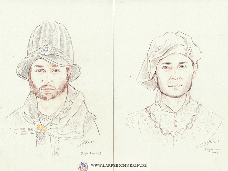 Portraits eines mittelalterlich gekleideten Mannes mit sehr hohem Hut bzw. Barett -  Auftragsarbeit Charakterportrait -  Buntstift auf Papier - A5 - Larp Charakter zeichnen lassen