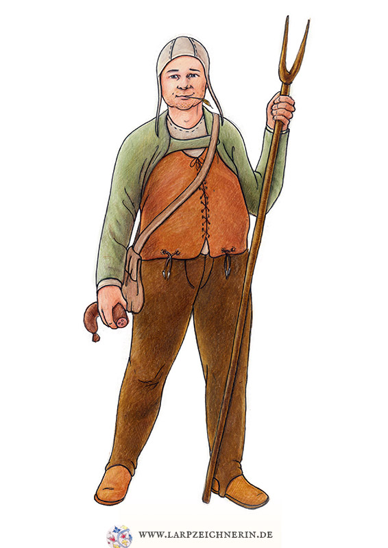 Bauer mit Mistgabel und Wurst - Buntstift und Tusche auf Papier - A4  - Larp Charakter zeichnen lassen