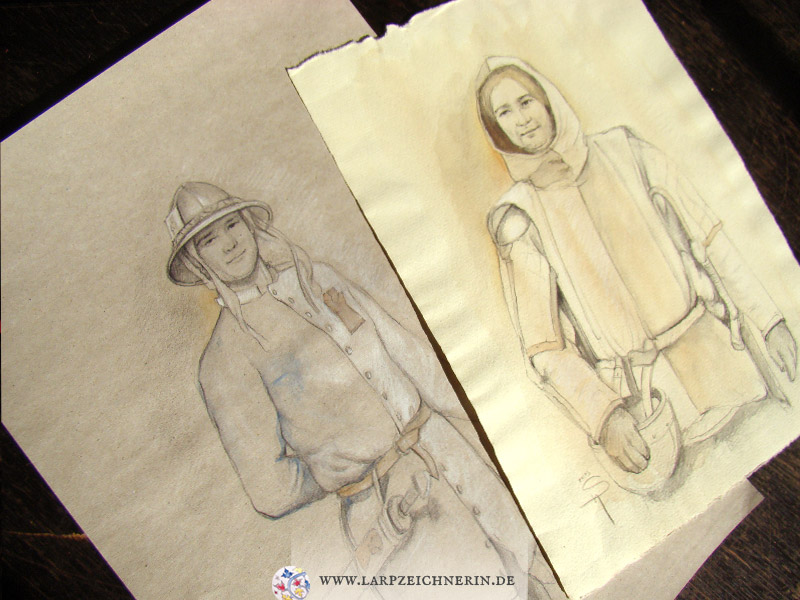 zwei Charakterportraits in Schrägansicht - Aquarellstift auf getöntem Papier - A4  - Larp Charakter zeichnen lassen