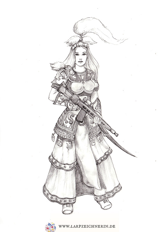 asiatisch anmutende Kriegerin mit Maschinengewehr - Bleistift auf Papier - A4  - Larp Charakter zeichnen lassen