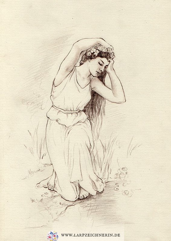 junge Frau in antiken Gewändern kniet an einem Gewässer und spiegelt sich -  Charakterportrait - Bleistift auf Papier - A4 - Larp Charakter zeichnen lassen