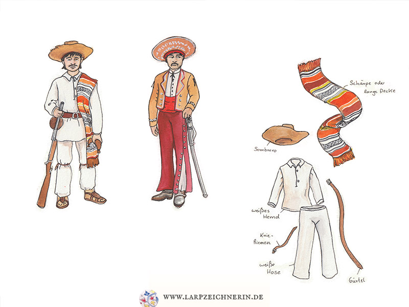 Miniaturen zweier Mexikaner - Gewandungsdetails - Aquarell auf Papier - A4  - Larp Charakter zeichnen lassen