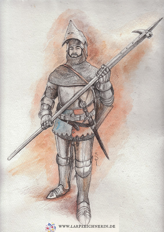 Ritter in Vollrüstung mit Rabenschnabel -  Auftragsarbeit Charakterportrait - Aquarell auf Büttenpapier - A4 - Larp Charakter zeichnen lassen