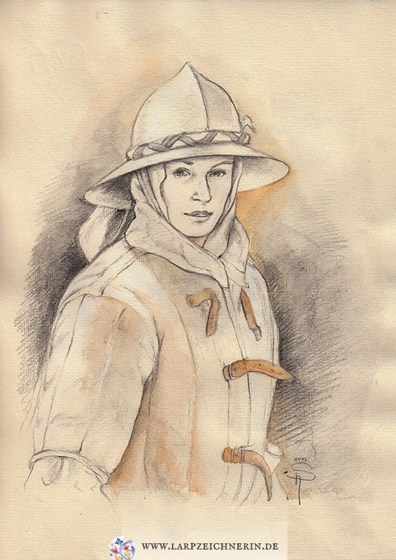 Soldatin im Gambeson, mit Helm -  Auftragsarbeit Charakterportrait - Aquarell auf Büttenpapier - A4 - Larp Charakter zeichnen lassen