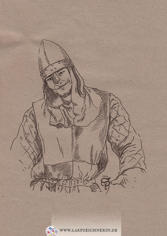 Soldat in Rüstung -  Auftragsarbeit Charakterportrait - Marker auf getöntem Papier - A4 - Larp Charakter zeichnen lassen