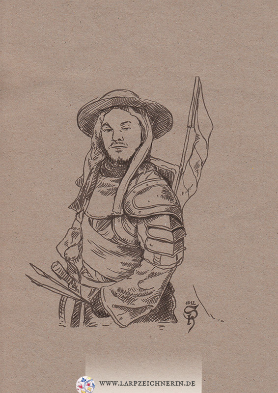 Soldat in Rüstung -  Charakterportrait - Marker auf getöntem Papier - A4 - Larp Charakter zeichnen lassen