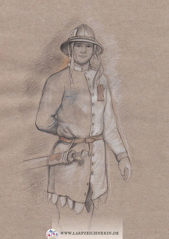 Buchensteiner Soldat im Wappenrock -  Charakterportrait -  Buntstift auf getöntem Papier - A4 - Larp Charakter zeichnen lassen