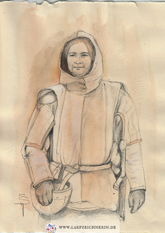 Buchensteiner Soldat im Wappenrock -  Charakterportrait -  Aquarellstift auf getöntem Papier - A4 - Larp Charakter zeichnen lassen