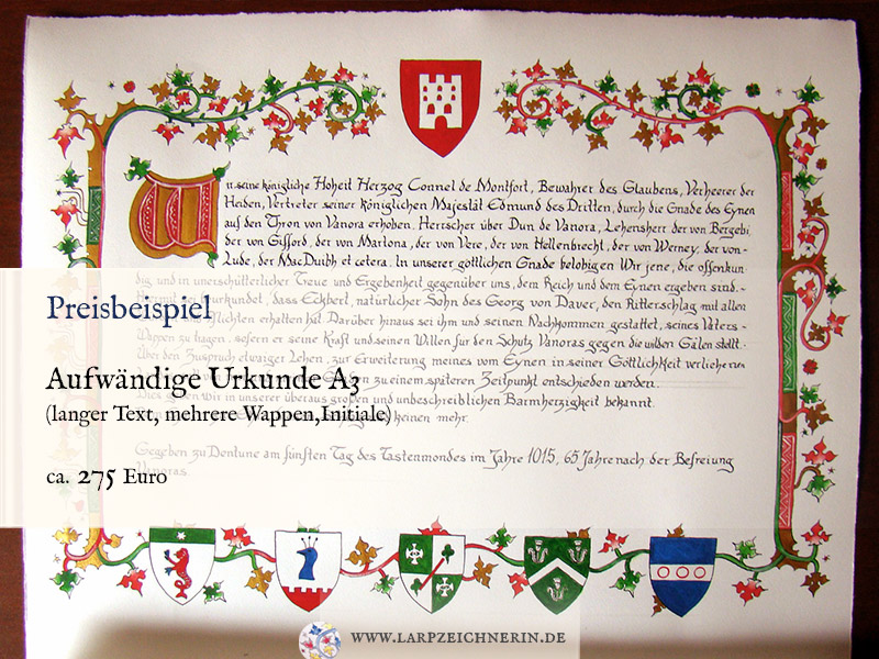 Preisbeispiel aufwändige Urkunde in A3 - langer Text, mehrere Wappen, Initiale - ca 275 Euro - Urkunde erstellen lassen