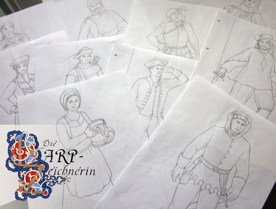 Skizzen für "Das Larp Gewandungsbuch", erschienen 2015 im Zauberfederverlag, Autor Robert Albrecht, Bleistiftzeichnungen von Larp-Charakteren