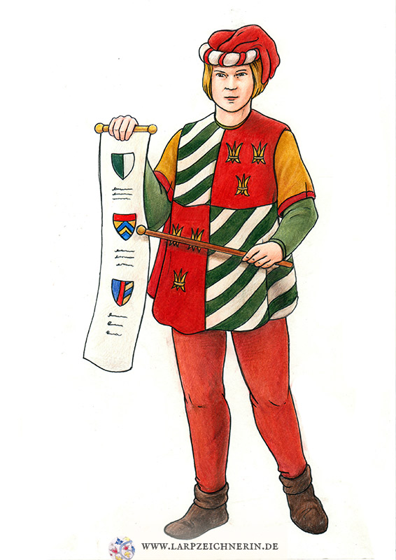 Illustrationen für "Das Larp Gewandungsbuch", erschienen 2015 im Zauberfederverlag, Autor Robert Albrecht, Herold mit Wappenbaum
