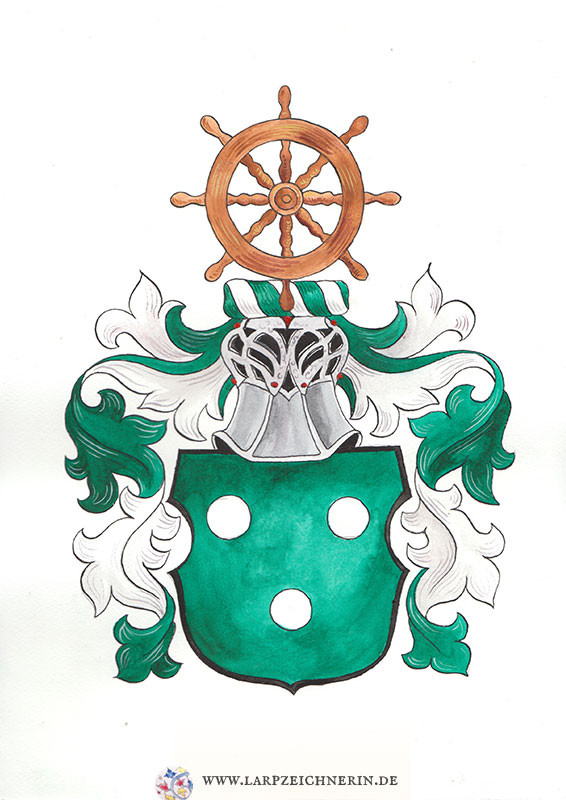 Vollwappen in gruen weiß - Steuerrad als Helmzier - drei weiße Punkte auf grünem Grund - A4 - Aquarell und Tusche auf Büttenpapier - Wappen erstellen lassen